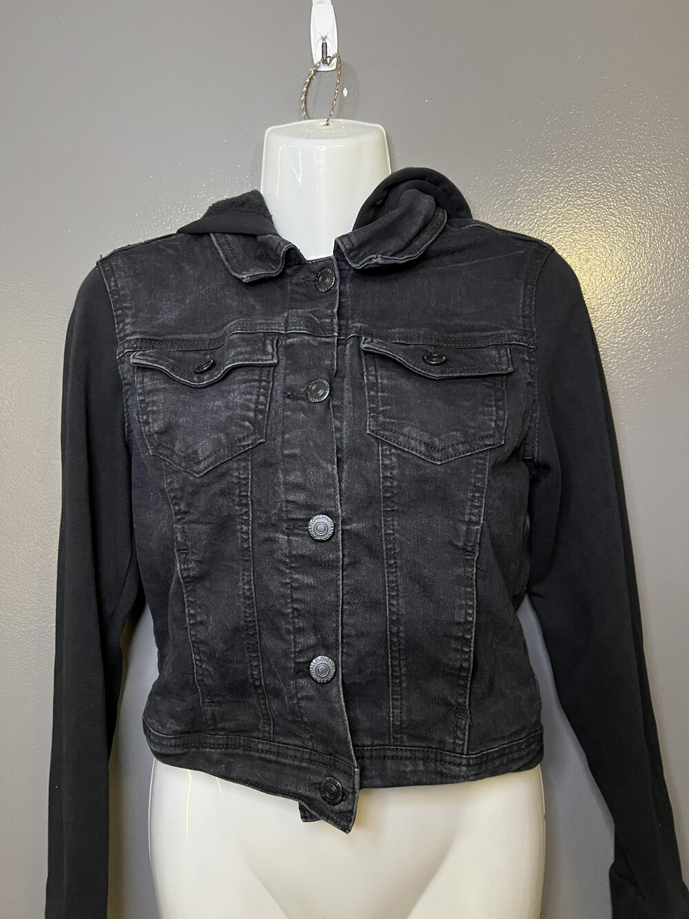WallFlower Jacket Womens Small Black Denim Hooded Knit Sleeves Button Cropped